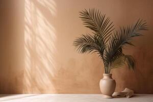 indoor view with pot and palm leaves photo