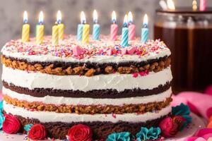 Birthday cake with candles, balloons and confetti on the table. photo