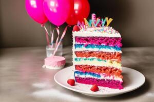 Birthday cake with candles, balloons and confetti on the table. photo