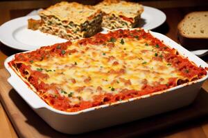 A stack of lasagna with a slice of lasagna on top on a wooden table. photo