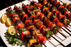 un plato con shish brocheta en un de madera mesa. carne palos generativo ai foto