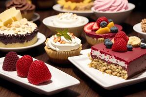 Assortment of cakes with different fillings on a wooden table. Homemade cake. photo