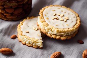 hecho en casa harina de avena galletas con Almendras en un de madera antecedentes. generativo ai foto