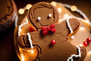 Navidad pan de jengibre galletas con Formación de hielo azúcar en el antecedentes de el Navidad árbol. pan de jengibre hombre. generativo ai foto