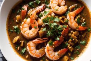 Curry with chicken and vegetables in a bowl on a wooden table. Gumbo. Vegetable soup. Seafood soup photo