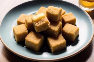 tofu con dulce y agrio salsa en un plato en de madera mesa. generativo ai foto