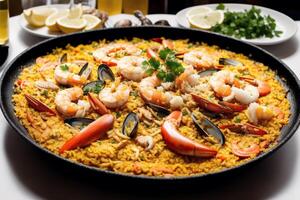 paella, tradicional Español plato hecho con arroz, pollo y verduras, servido en un cacerola. paella con fruto de mar. Español cocina. generativo ai foto