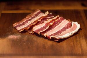 Delicious slices of smoked bacon on a wooden table. photo