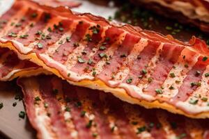 Delicious slices of smoked bacon on a wooden table. photo