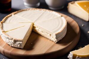 Cheese collection, variety of cheeses with tomatoes on wooden background. photo