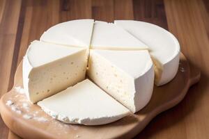 Cheese collection, variety of cheeses with tomatoes on wooden background. photo