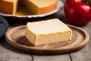 Cheese collection, variety of cheeses with tomatoes on wooden background. photo