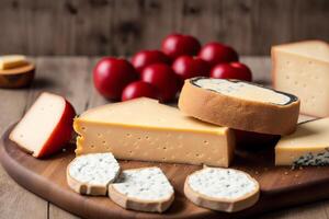 Cheese collection, variety of cheeses with tomatoes on wooden background. photo