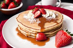 Stack of pancakes with maple syrup and sugar powder on a white plate. strawberries and whipped cream, photo