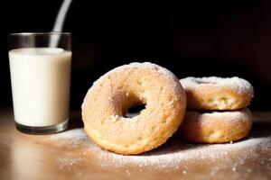 delicious homemade donuts on the table. tasty donuts on a wooden background, sweet food. photo