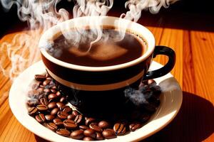 Coffee cup with steam on wooden table and black background. photo