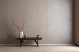 indoor view with pot, leaves and furniture in asian style photo