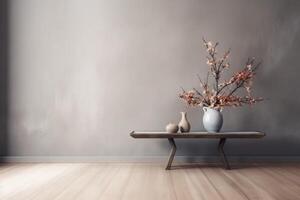 indoor view with pot, leaves and furniture in asian style photo