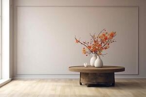 indoor view with pot, leaves and furniture in asian style photo