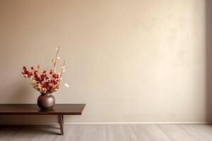 indoor view with pot, leaves and furniture in asian style photo