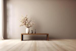 indoor view with pot, leaves and furniture in asian style photo