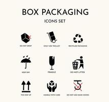 Fragile and recycling signs set for cardboard box packaging vector