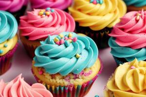 Colorful cupcakes on a white plate on a wooden table. Homemade cupcake with nuts and honey. photo