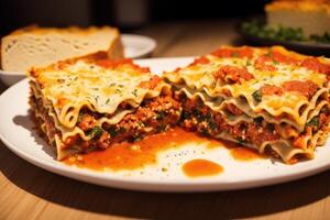 A stack of lasagna with a slice of lasagna on top on a wooden table. photo