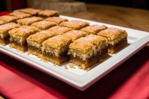 tradicional turco postre baklava con anacardo, nueces hecho en casa baklava con nueces y Miel. generativo ai foto