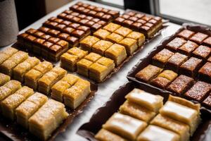 tradicional turco postre baklava con anacardo, nueces hecho en casa baklava con nueces y Miel. generativo ai foto