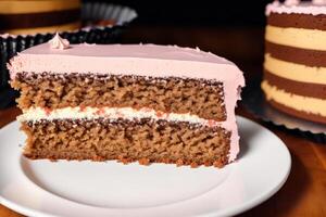 Piece of cake on a white plate on a wooden table. Homemade cake with nuts and honey. photo