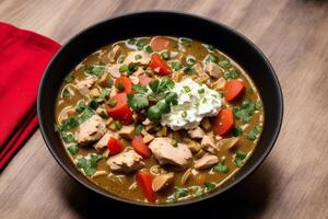 Curry with chicken and vegetables in a bowl on a wooden table. Gumbo. Vegetable soup. Seafood soup photo