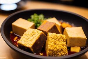 Tofu with sweet and sour sauce in a plate on wooden table. photo