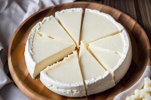 Cheese collection, variety of cheeses with tomatoes on wooden background. photo