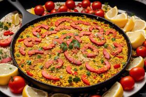 paella, tradicional Español plato hecho con arroz, pollo y verduras, servido en un cacerola. paella con fruto de mar. Español cocina. generativo ai foto