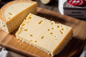 Cheese collection, variety of cheeses with tomatoes on wooden background. photo