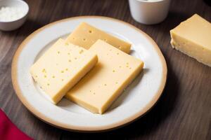 Cheese collection, variety of cheeses with tomatoes on wooden background. photo