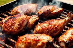 Grilled chicken wings with sweet and sour sauce on a white plate.Grilled sausages , Delicious barbecue ribs. photo