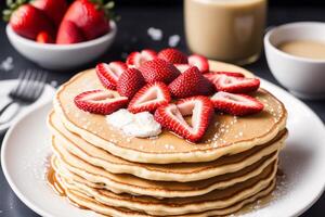 Stack of pancakes with maple syrup and sugar powder on a white plate. strawberries and whipped cream, photo