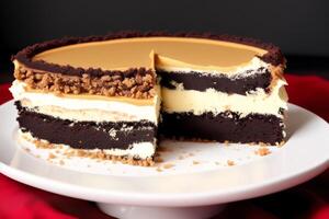 Piece of cake with strawberries and blueberries on a wooden background. Chocolate cake, Tiramisu cake. photo