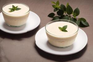 Delicious panna cotta with lemon and cocoa powder on wooden table. Dessert, sweet food. photo