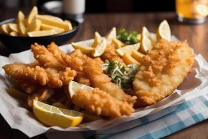 A plate of fish and chips with a bottle of ketchup in the background. photo