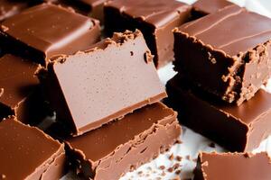 Fudge on a white plate on a wooden table. Homemade fudge cookies, candies with nuts. photo