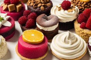 Assortment of cakes with different fillings on a wooden table. Homemade cake. photo