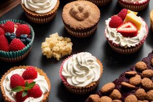 Assortment of cakes with different fillings on a wooden table. Homemade cake. photo