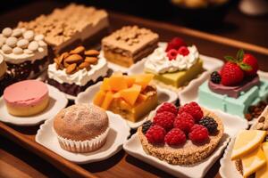 Assortment of cakes with different fillings on a wooden table. Homemade cake. photo