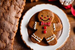 Christmas gingerbread cookies with icing sugar on the background of the Christmas tree. gingerbread man. photo