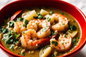 Curry with chicken and vegetables in a bowl on a wooden table. Gumbo. Vegetable soup. Seafood soup photo