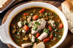 Curry with chicken and vegetables in a bowl on a wooden table. Gumbo. Vegetable soup. Seafood soup photo