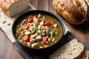 Curry with chicken and vegetables in a bowl on a wooden table. Gumbo. Vegetable soup. Seafood soup photo